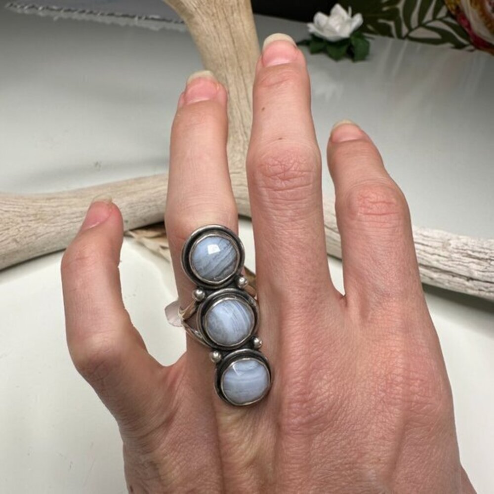Natural Blue Lace Agate Gemstone 925 Sterling Silver Round Ring Size 6